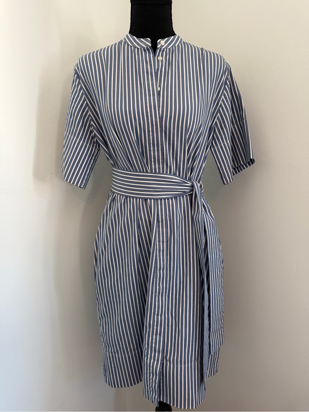 Everlane Cotton Collarless Belted Shirt Dress Size 4 Blue White Stripe